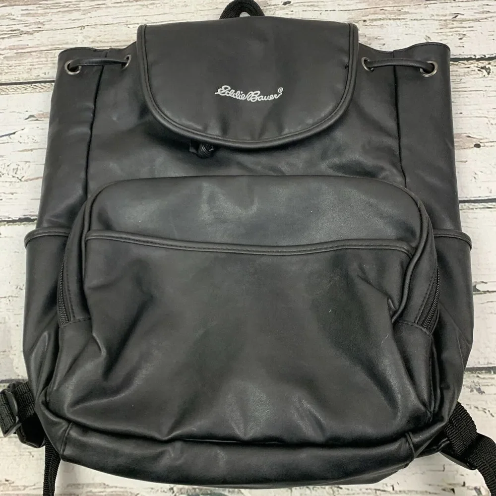 Eddie Bauer Black Faux Leather Backpack Versatile Travel Daypack Diaper‎ Bag